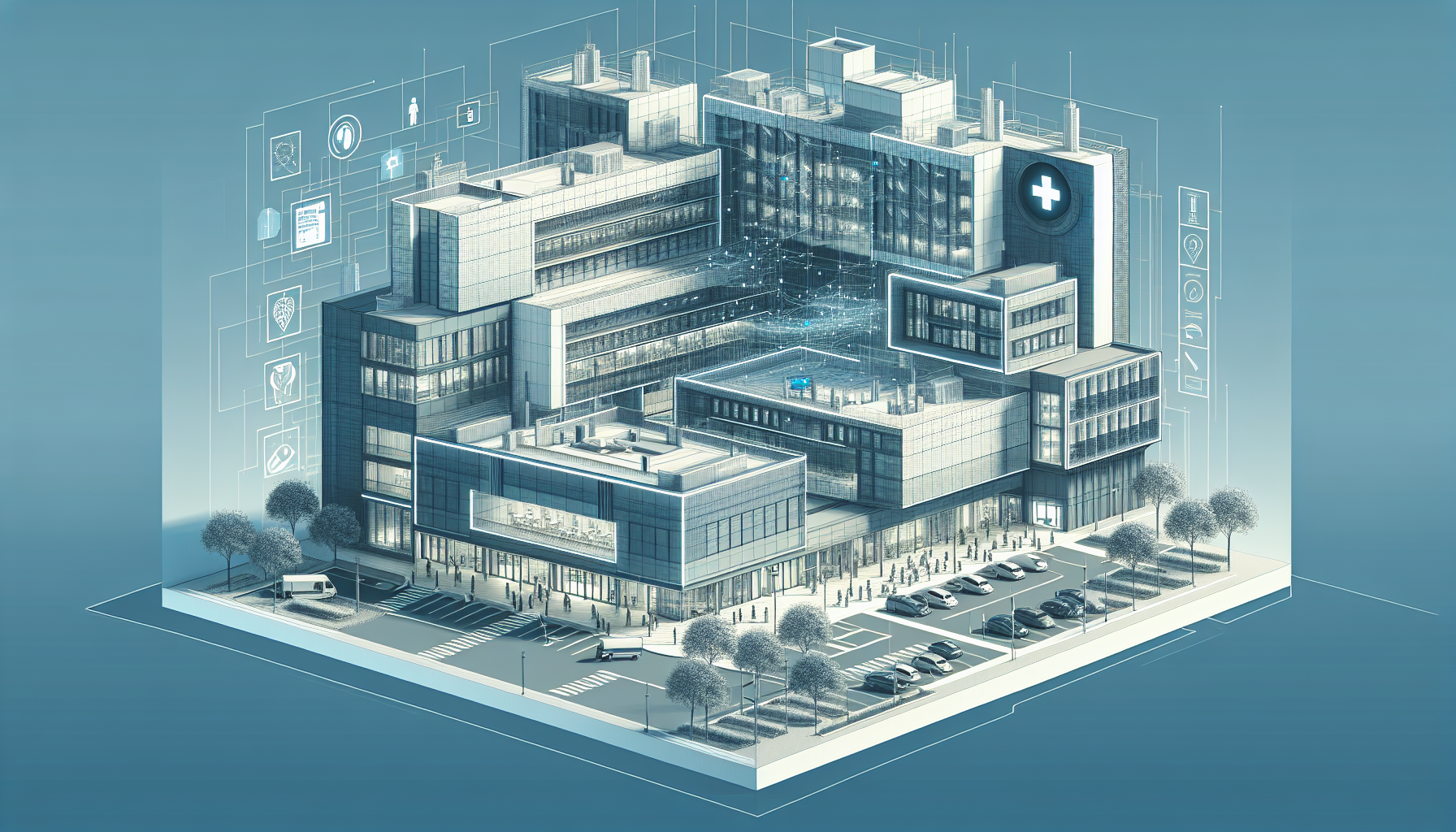 Illustration of a modern modular hospital design showing a blend of sleek architecture and patient-centered care.