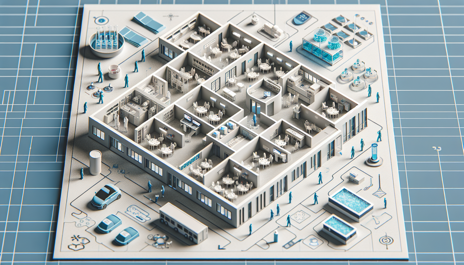 Visual representation of a modular hospital layout featuring expandable units and specialized modules.